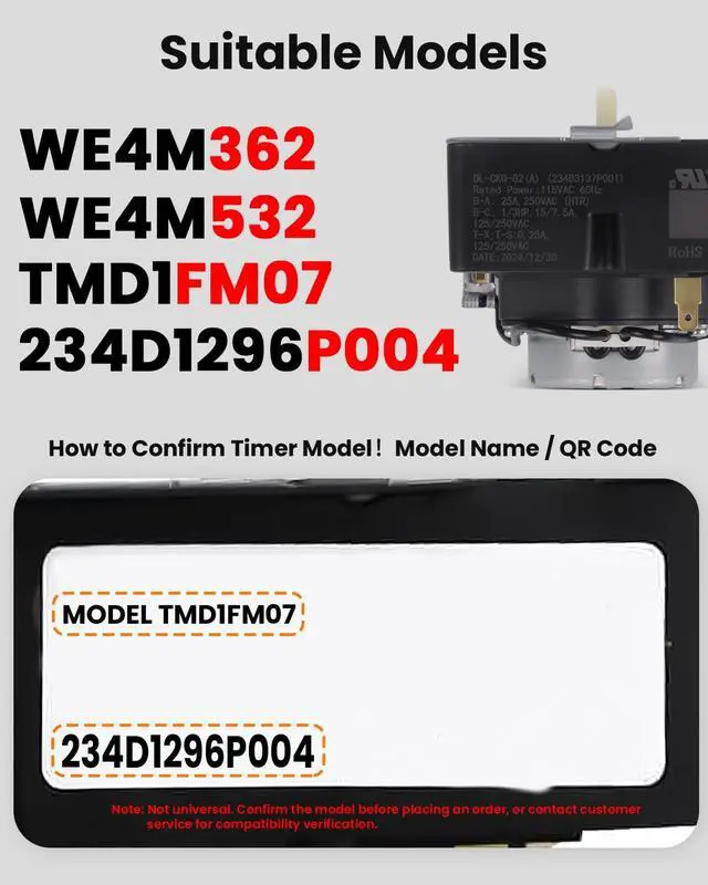 Alt view image 2 of 6 - TMD1FM07 WE4M532 234D1296P004 WE4M362 WE04M0532 Dryer Timer | Compatible with GE/Hotpoint Dryer HTDX100EM8WW HTDX100ED6WW HTDX100ED2WW HTDX100EM7WW Part Replaces PS8746223 AP5788219