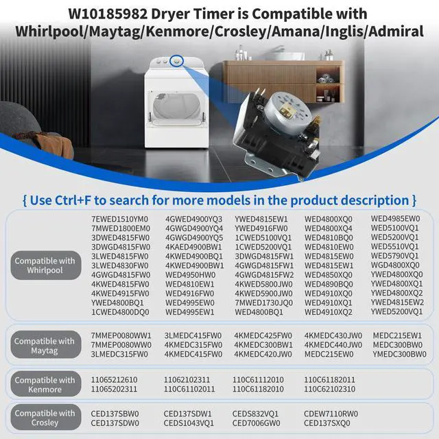 Alt view image 4 of 6 - WED4815EW1 WGD4800XQ0 WED4950HW0 WED4800XQ0 W10185982 Dryer Timer | Compatible with Maytag Kenmore Amana Whirlpool Dryer Timer WED5100VQ1 Replacement 418-618-20-b5 WPW10185982VP, 230VAC 60Hz