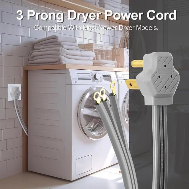 Alt view image 7 of 7 - 3 Prong Dryer Cord, 5FT 30A Pure Copper, NEMA 10-30P, ETL Listed | 125/250V 10 Gauge appliance cord with 3-wire eyelet connectors and pure copper conductors for dryer power hookups