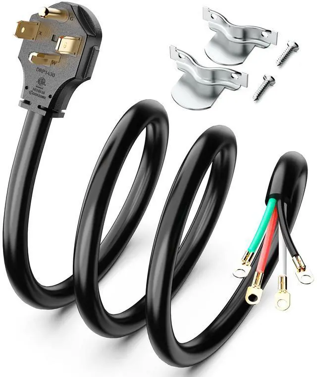 Main image of 4 Prong Dryer Cord, 5FT 30A Pure Copper, NEMA 14-30P, ETL Listed | 125/250V 10 Gauge appliance cord with 4-wire eyelet connectors and pure copper conductors for dryer power hookups
