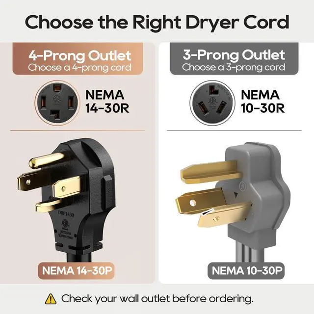 Alt view image 5 of 6 - 4 Prong Dryer Cord, 5FT 30A Pure Copper, NEMA 14-30P, ETL Listed | 125/250V 10 Gauge appliance cord with 4-wire eyelet connectors and pure copper conductors for dryer power hookups