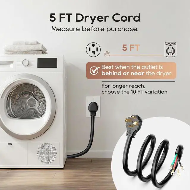Alt view image 6 of 6 - 4 Prong Dryer Cord, 5FT 30A Pure Copper, NEMA 14-30P, ETL Listed | 125/250V 10 Gauge appliance cord with 4-wire eyelet connectors and pure copper conductors for dryer power hookups