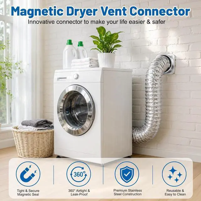 Alt view image 5 of 7 - Magnetic Dryer Vent Connector Kit, Upgraded Hold, 4-Inch, 3.3FT Hose | Upgraded magnetic hold, airtight silicone seal, space-saving wall adapter for tight laundry rooms and easy lint cleaning