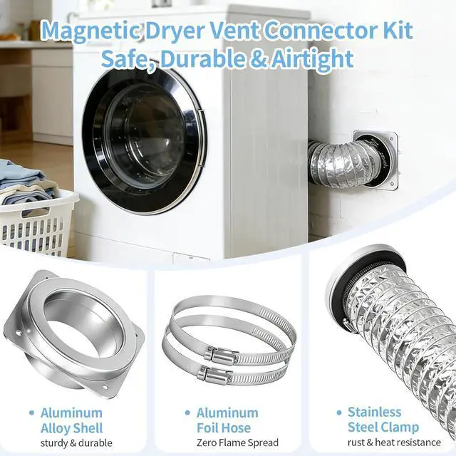Alt view image 6 of 7 - Magnetic Dryer Vent Connector Kit, Upgraded Hold, 4-Inch, 3.3FT Hose | Upgraded magnetic hold, airtight silicone seal, space-saving wall adapter for tight laundry rooms and easy lint cleaning