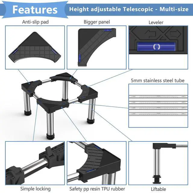 Alt view image 4 of 6 - Mini Fridge Stand with 4 Strong Feet Washing Machine Stand Base Adjustable Universal Stand Base for Portable Refrigerator Dryer Stand Laundry Pedestal Appliance 9.1"-10.2" Height Load 660LB-Black