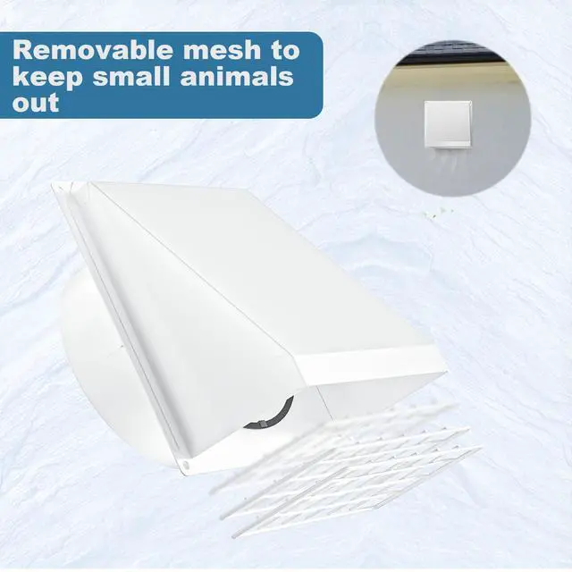 Alt view image 6 of 7 - Dryer Vent Cover Outside with Removable Mesh, Wall Mount Extractor Vent with Rubber Cushioned Non-Return Flap, High Quality Iron Outside Dryer Vent Cover for House (White, 6 Inch)