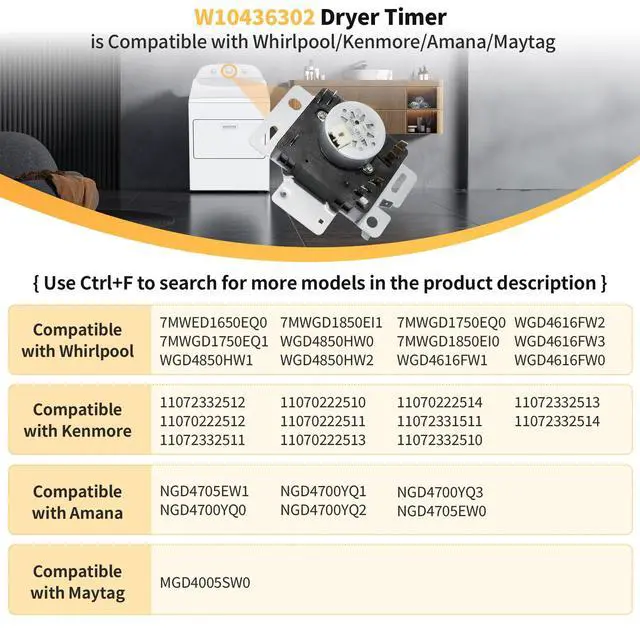 Alt view image 4 of 7 - W10436302 WPW10436302 Dryer Timer Compatible with Whirlpool Kenmore Dryer | Timer NGD4700YQ2 NGD4705EW0 NGD4700YQ1 WGD4850HW1 WGD4616FW0, Replacement 418-095-20-B5 PS11754716, 115VAC 60Hz