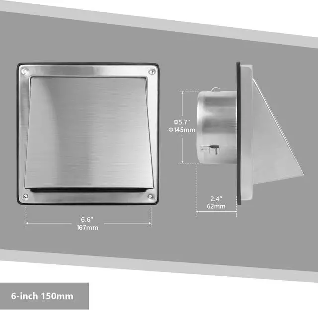 Alt view image 6 of 7 - 6-Inch Exhaust Dryer Vent Cover Outside 304 Stainless Steel | Upgrade Removable Cover and Bird Screen Mesh for Bathroom, Kitchen, Office, Garage, AC, Range Hood Extractor Exterior Wall