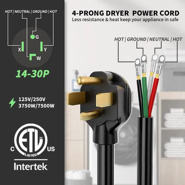 Alt view image 2 of 7 - 5FT 4 Prong Dryer Cord, Pure Copper Wire, 30 Amp, ETL Listed | 10 Gauge Appliance Dryer Power Cord 4 Prong NEMA 14-30P to 4-Wire, 4 Prong Dryer Cord 5 FT, 250V 7500W, Black, SRDT
