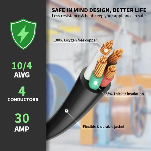 Alt view image 3 of 7 - 5FT 4 Prong Dryer Cord, Pure Copper Wire, 30 Amp, ETL Listed | 10 Gauge Appliance Dryer Power Cord 4 Prong NEMA 14-30P to 4-Wire, 4 Prong Dryer Cord 5 FT, 250V 7500W, Black, SRDT