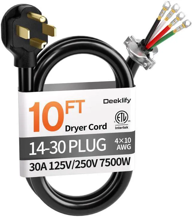 Main image of 10FT 4 Prong Dryer Cord, Pure Copper, NEMA 14-30P Plug, ETL Listed | 4-Wire 30Amp 10 Gauge, Dryer Cord 4 Prong, Dryer Power Cord Replacement, O-Ring Terminals, 250V 7500W, Black, SRDT