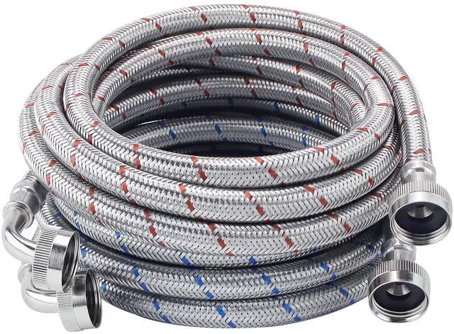 Main image of 10FT Stainless Steel High Water Flow Washer Hoses with 90 Degree Elbow 3/4" FHT Connection No-lead Burst-Proof Hot & Cold Wasing Machine Water Inlet Supply Lines for Washer - 2 Pack by