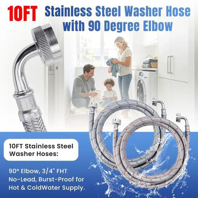 Alt view image 2 of 6 - 10FT Stainless Steel High Water Flow Washer Hoses with 90 Degree Elbow 3/4" FHT Connection No-lead Burst-Proof Hot & Cold Wasing Machine Water Inlet Supply Lines for Washer - 2 Pack by