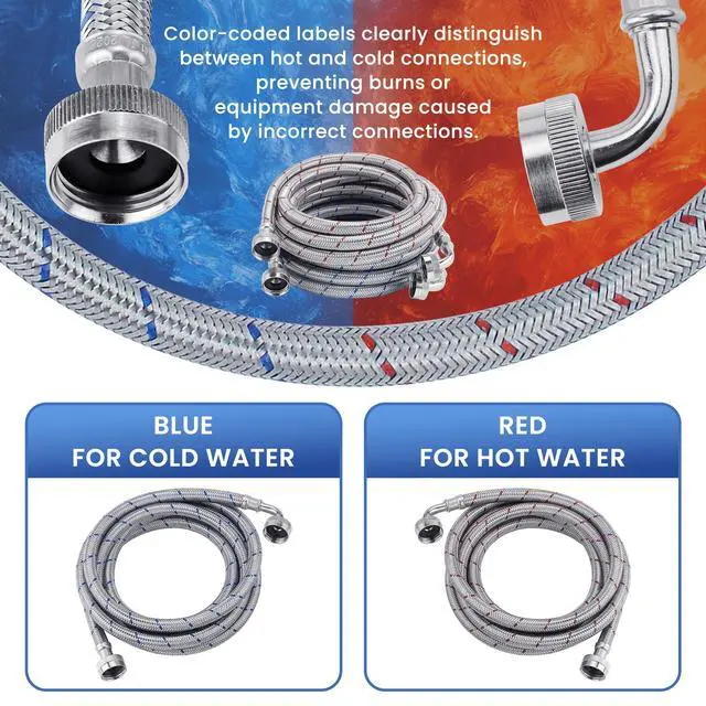 Alt view image 4 of 6 - 10FT Stainless Steel High Water Flow Washer Hoses with 90 Degree Elbow 3/4" FHT Connection No-lead Burst-Proof Hot & Cold Wasing Machine Water Inlet Supply Lines for Washer - 2 Pack by
