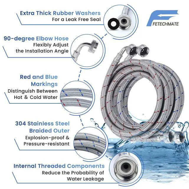 Alt view image 5 of 6 - 10FT Stainless Steel High Water Flow Washer Hoses with 90 Degree Elbow 3/4" FHT Connection No-lead Burst-Proof Hot & Cold Wasing Machine Water Inlet Supply Lines for Washer - 2 Pack by
