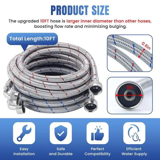 Alt view image 3 of 6 - 10FT Stainless Steel High Water Flow Washer Hoses with 90 Degree Elbow 3/4" FHT Connection No-lead Burst-Proof Hot & Cold Wasing Machine Water Inlet Supply Lines for Washer - 2 Pack by