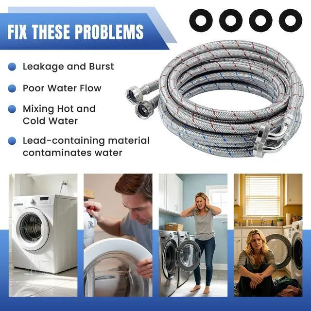 Alt view image 6 of 6 - 10FT Stainless Steel High Water Flow Washer Hoses with 90 Degree Elbow 3/4" FHT Connection No-lead Burst-Proof Hot & Cold Wasing Machine Water Inlet Supply Lines for Washer - 2 Pack by