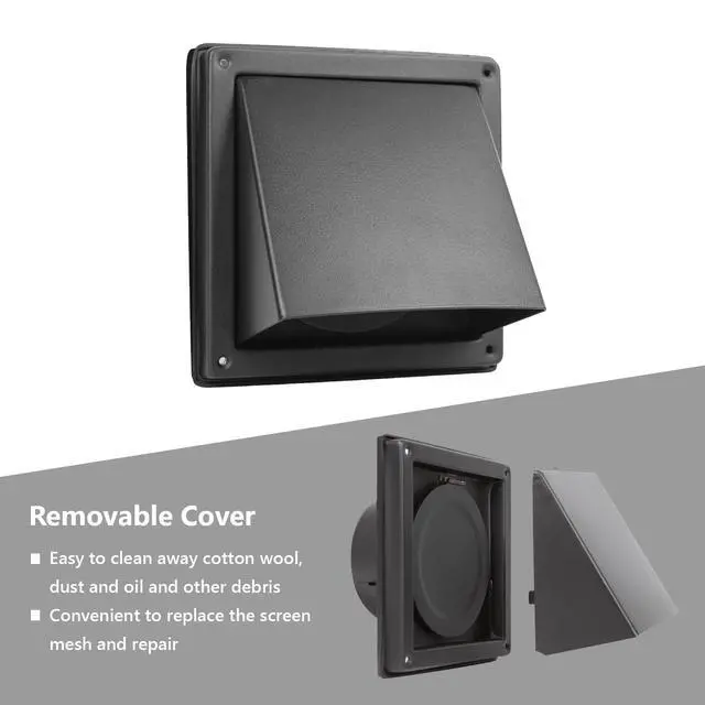 Alt view image 2 of 7 - 6-Inch Black Exhaust Dryer Vent Cover 304 Stainless Steel | Upgrade Removable Cover and Bird Screen Mesh for Bathroom, Kitchen, Office, Garage, AC, Range Hood Extractor Exterior Wall