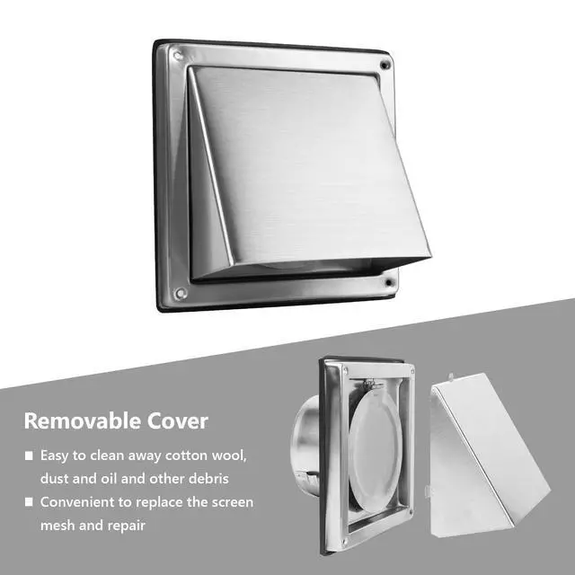 Alt view image 2 of 7 - 6-Inch Exhaust Dryer Vent Cover Outside 304 Stainless Steel | Upgrade Removable Cover and Bird Screen Mesh for Bathroom, Kitchen, Office, Garage, AC, Range Hood Extractor Exterior Wall