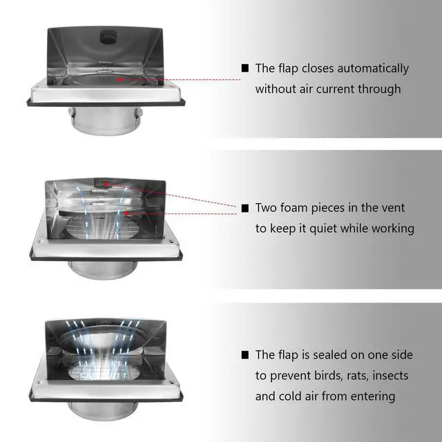 Alt view image 3 of 7 - 6-Inch Exhaust Dryer Vent Cover Outside 304 Stainless Steel | Upgrade Removable Cover and Bird Screen Mesh for Bathroom, Kitchen, Office, Garage, AC, Range Hood Extractor Exterior Wall