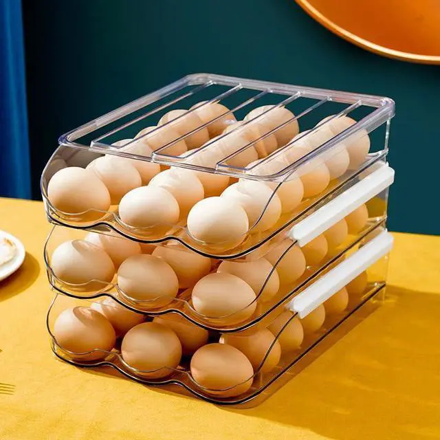Alt view image 3 of 7 - Egg Holder for Fridge, Automatic Rolling Egg Container for Refrigerator, Clear Plastic Large Egg Organizer, Stackable Eggs Storage for Refrigerator (3 Tiers)