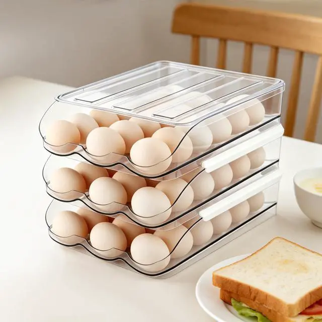 Alt view image 6 of 7 - Egg Holder for Fridge, Automatic Rolling Egg Container for Refrigerator, Clear Plastic Large Egg Organizer, Stackable Eggs Storage for Refrigerator (3 Tiers)
