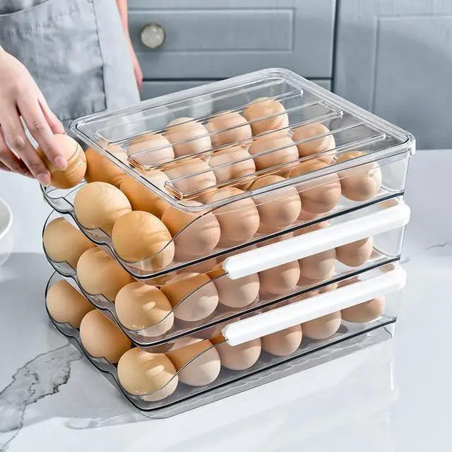 Alt view image 4 of 7 - Egg Holder for Fridge, Automatic Rolling Egg Container for Refrigerator, Clear Plastic Large Egg Organizer, Stackable Eggs Storage for Refrigerator (3 Tiers)