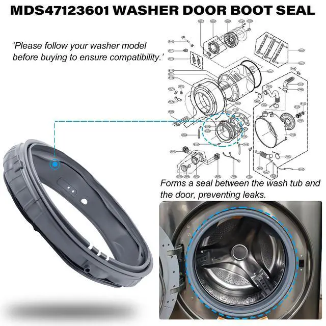 Alt view image 4 of 7 - MDS47123601 Washer Door Boot Seal Gasket Bellow Diaphragm for LG Kenmore WM2901HVA WM2801HLA WM3001HPA WM3001HRA WM3001HWA WM2801HRA WM2801HWA, Replace for 1464249 AP4998888 PS3535209 EAP3535209
