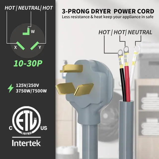 Alt view image 2 of 7 - 6FT 3 Prong Dryer Cord, Pure Copper Wire, ETL Listed, STW | 10 Gauge Appliance Dryer Power Cord 3 Prong NEMA 10-30P to 3-Wire, 3 Prong Dryer Cord 6FT, 30A 250V 7500W, Gray