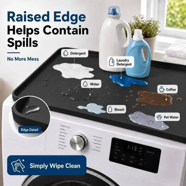 Alt view image 3 of 7 - Black Washer Dryer Top Protector Mat 27"x27" Silicone Non Slip | Heavy Duty Silicone, Waterproof Tray Edge, Non Slip Base, Heat Resistant, Scratch Protection, Easy Clean, Multi Use