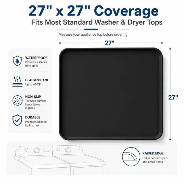 Alt view image 4 of 7 - Black Washer Dryer Top Protector Mat 27"x27" Silicone Non Slip | Heavy Duty Silicone, Waterproof Tray Edge, Non Slip Base, Heat Resistant, Scratch Protection, Easy Clean, Multi Use