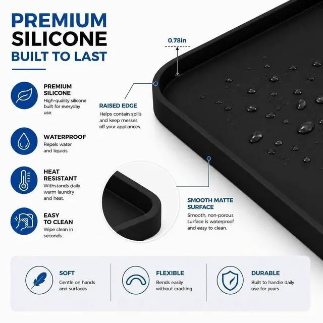 Alt view image 5 of 7 - Black Washer Dryer Top Protector Mat 27"x27" Silicone Non Slip | Heavy Duty Silicone, Waterproof Tray Edge, Non Slip Base, Heat Resistant, Scratch Protection, Easy Clean, Multi Use