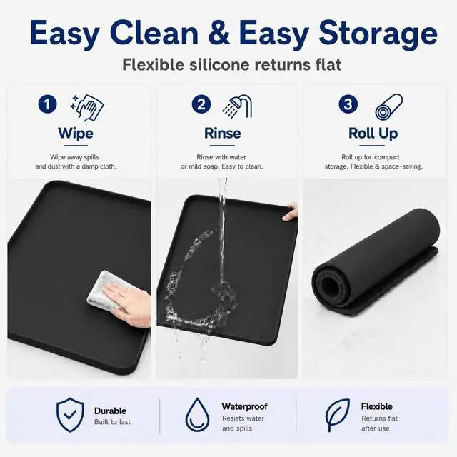 Alt view image 6 of 7 - Black Washer Dryer Top Protector Mat 27"x27" Silicone Non Slip | Heavy Duty Silicone, Waterproof Tray Edge, Non Slip Base, Heat Resistant, Scratch Protection, Easy Clean, Multi Use