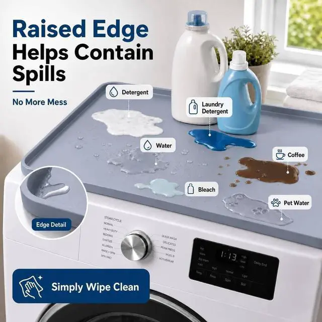 Alt view image 3 of 7 - 2PCS Grey Washer Dryer Top Protector Mat 27"x27" Silicone Non Slip | Heavy Duty Silicone, Waterproof Tray Edge, Non Slip Base, Heat Resistant, Scratch Protection, Easy Clean, Multi Use