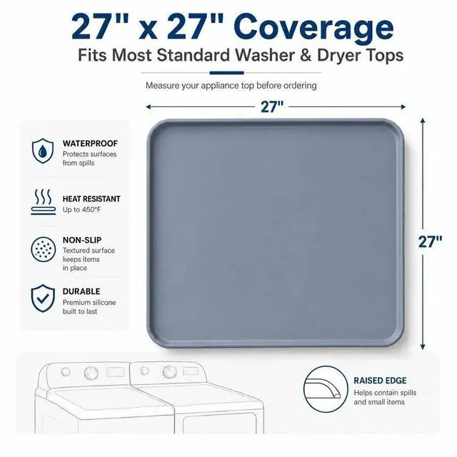 Alt view image 4 of 7 - 2PCS Grey Washer Dryer Top Protector Mat 27"x27" Silicone Non Slip | Heavy Duty Silicone, Waterproof Tray Edge, Non Slip Base, Heat Resistant, Scratch Protection, Easy Clean, Multi Use