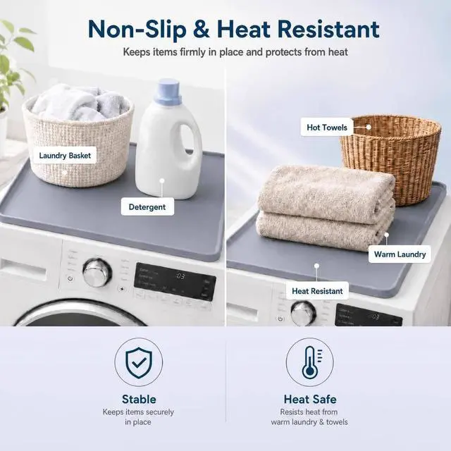Alt view image 7 of 7 - 2PCS Grey Washer Dryer Top Protector Mat 27"x27" Silicone Non Slip | Heavy Duty Silicone, Waterproof Tray Edge, Non Slip Base, Heat Resistant, Scratch Protection, Easy Clean, Multi Use