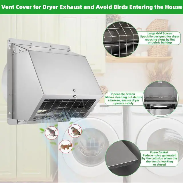 Alt view image 3 of 7 - 6 Inch Wall Vent Cover Dryer Vent Cover Outside,304 Stainless Steel Exhaust Vent Cover Cap with Screen and Damper,External Extractor Exterior Wall Vent Hood Air Vent for Range Hood Bathroom Fan Duct