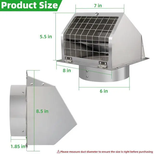 Alt view image 2 of 7 - 6 Inch Wall Vent Cover Dryer Vent Cover Outside,304 Stainless Steel Exhaust Vent Cover Cap with Screen and Damper,External Extractor Exterior Wall Vent Hood Air Vent for Range Hood Bathroom Fan Duct