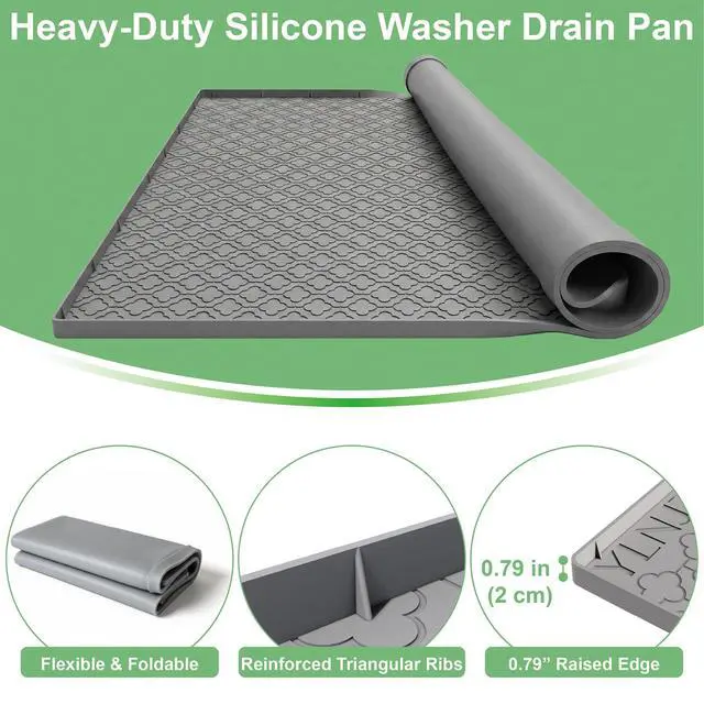 Alt view image 4 of 7 - 33 x 31 Inch Washing Machine Drain Pan, Silicone Washer Pan, Grey | 2cm Raised Waterproof Edge, Washer and Dryer Mat for Floor Protection, Fits Standard & Large Washers Up to 5.0 Cu.Ft