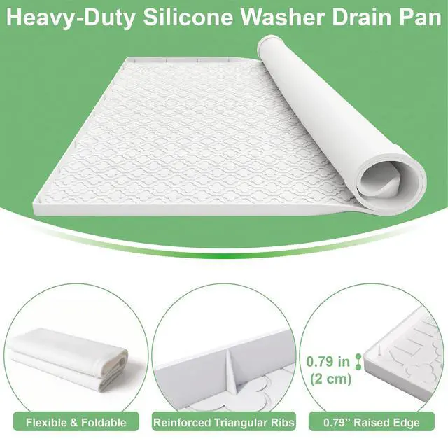 Alt view image 4 of 7 - 33 x 31 Inch Washing Machine Drain Pan, Silicone Washer Pan, White | 2cm Raised Waterproof Edge, Washer and Dryer Mat for Floor Protection, Fits Standard & Large Washers Up to 5.0 Cu.Ft