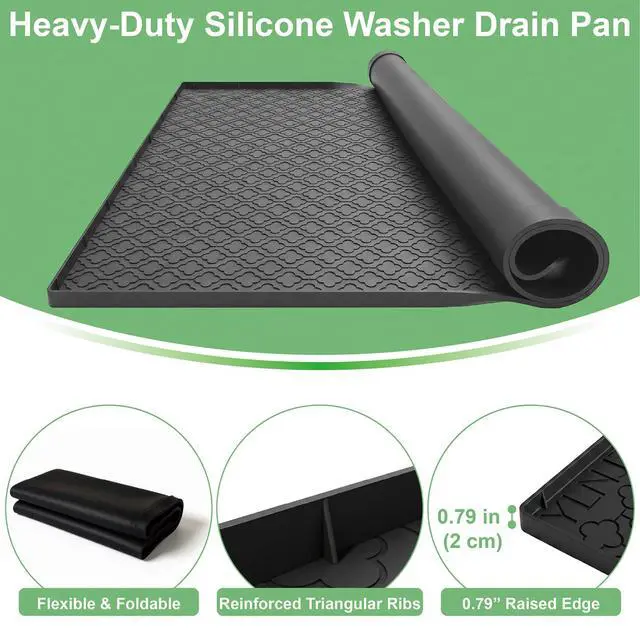 Alt view image 4 of 7 - 33 x 31 Inch Washing Machine Drain Pan, Silicone Washer Pan, Black | 2cm Raised Waterproof Edge, Washer and Dryer Mat for Floor Protection, Fits Standard & Large Washers Up to 5.0 Cu.Ft