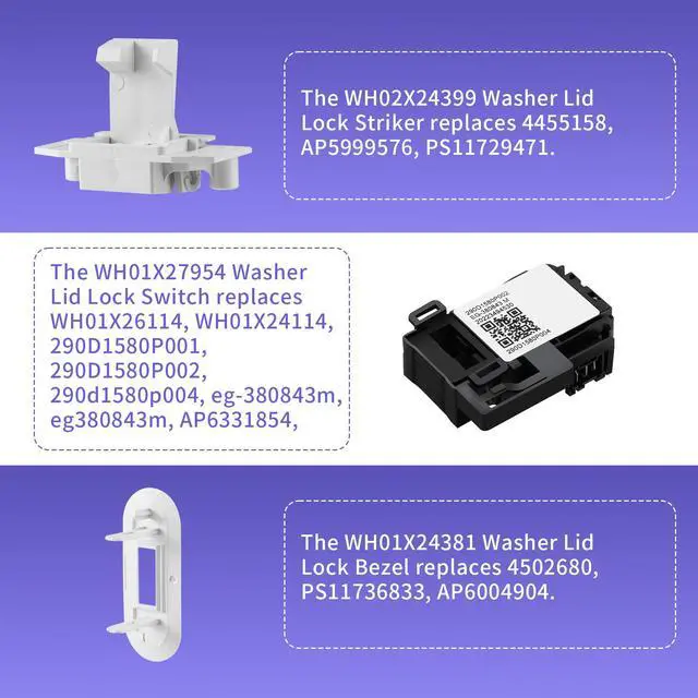 Alt view image 5 of 7 - WH01X27954 WH01X24381 WH02X24399 Washer Lid Lock Switch Washer Lid Lock Bezel Washer Lid Lock Striker Compatible for GE Hotpoint Top Load Washer Washing Machine Cover Lid Lock Switch Replacement Parts