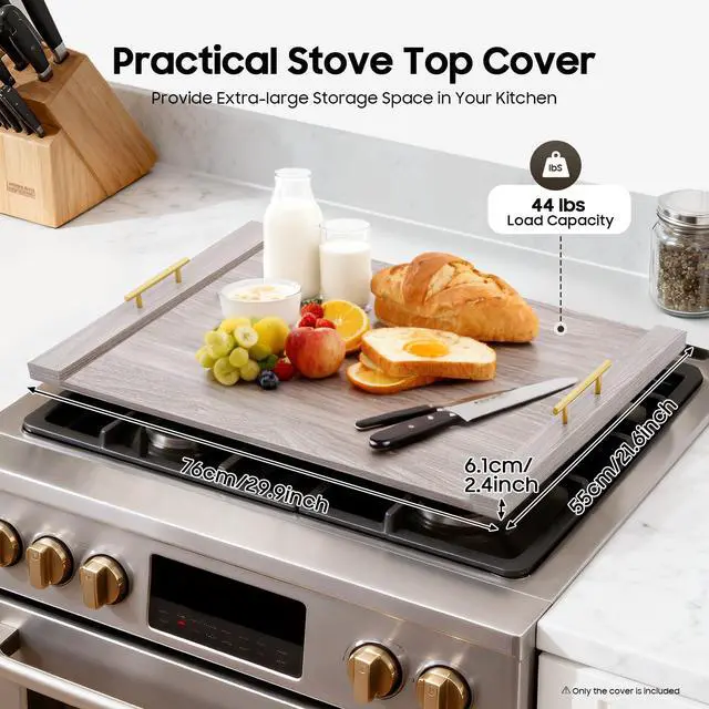 Alt view image 2 of 6 - Stove Cover Board for Gas Stovetop, 30" x 22" Noodle Board Stovetop Cover with Handles, Sink Wood Block Covers for Electric & Gas Stove, Farmhouse Decorative Wooden Tray for Kitchen (Oak White)
