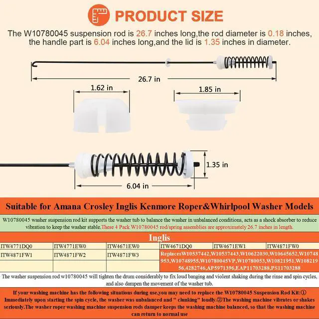 Alt view image 5 of 6 - ALLOY UPGRADEDW10780045 WTW4816FW2 NTW4516FW2 NTW4605EW0 NTW4516FW1 WTW4800BQ1 Washer Suspension Rods Kit 4 Pcs by -Washer Parts for Whirlpool Kenmore Suspension Rods RTW4516FW1,11020102310