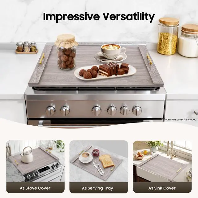Alt view image 6 of 6 - Stove Cover Board for Gas Stovetop, 30" x 22" Noodle Board Stovetop Cover with Handles, Sink Wood Block Covers for Electric & Gas Stove, Farmhouse Decorative Wooden Tray for Kitchen (Oak White)