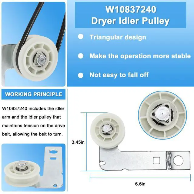 Alt view image 3 of 6 - 4392067 Dryer Repair Kit | Includes WPW10314173 Drum Roller & 661570V Belt & 2 pcs 279640 Idler Pulley, Replaces 2015 4392067VP 80047 587637 AP3109602