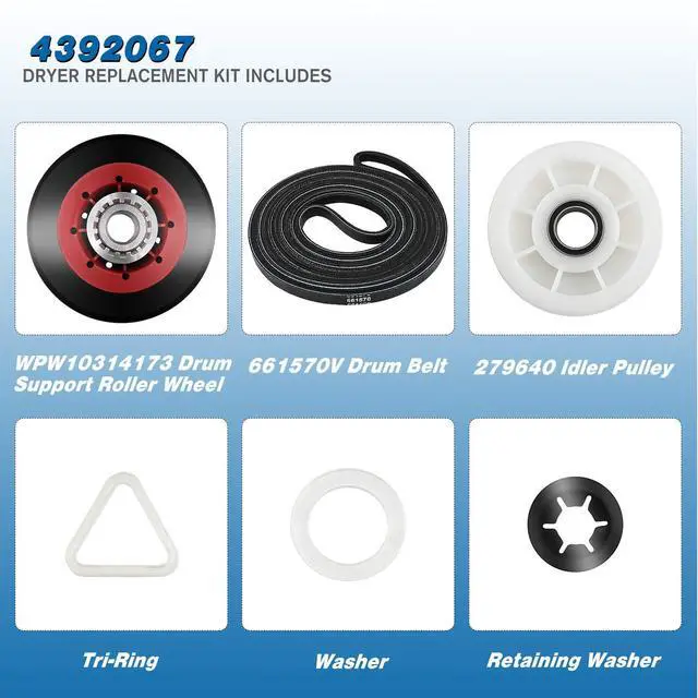 Alt view image 6 of 6 - 4392067 Dryer Repair Kit | Includes WPW10314173 Drum Roller & 661570V Belt & 2 pcs 279640 Idler Pulley, Replaces 2015 4392067VP 80047 587637 AP3109602