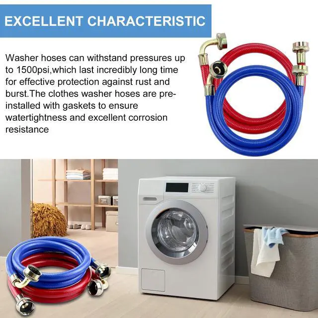 Alt view image 6 of 7 - Rubber Washing Machine Hoses 6FT with 90 Degree Elbows,Universal Washing Machine Hose,Burst Proof Water Supply Lines for Hot and Cold Water Washer Hoses (2 Packs)-by