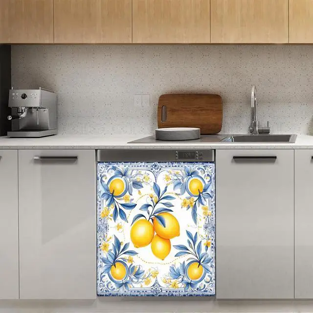 Alt view image 3 of 7 - Dishwasher Magnet Cover Vintage Bohemian Floral Lemon Decorative Magnetic Dishwasher Sticker Front Dishwasher Door Cover 23"x26" for Refrigerator Panel Washing Machine Kitchen Decor
