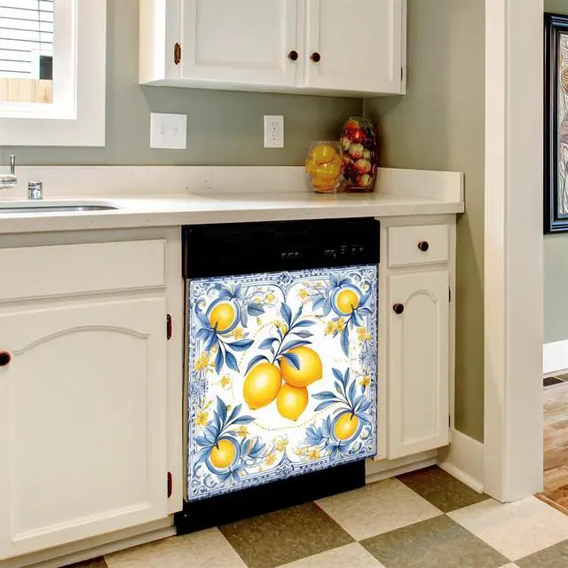 Alt view image 5 of 7 - Dishwasher Magnet Cover Vintage Bohemian Floral Lemon Decorative Magnetic Dishwasher Sticker Front Dishwasher Door Cover 23"x26" for Refrigerator Panel Washing Machine Kitchen Decor